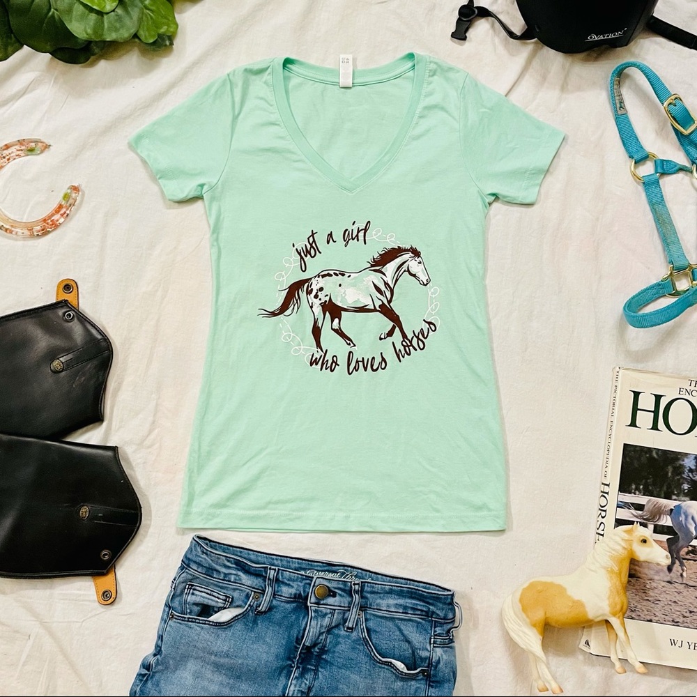 “Just a Girl Who Loves Horses” Woman’s Small with Horse V-neck Mint Green